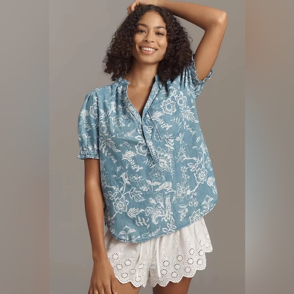 NWT Anthropologie Pilcro ALY puff sleeve Denim Floral Print XXS Top Retails $118